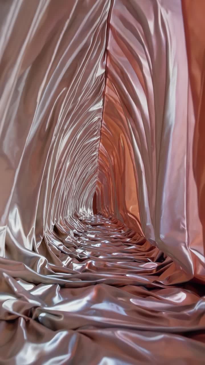 Silky satin fabric cascading into luminous, undulating tunnel, generating ethereal ambiance through gossamer like folds and soft radiance