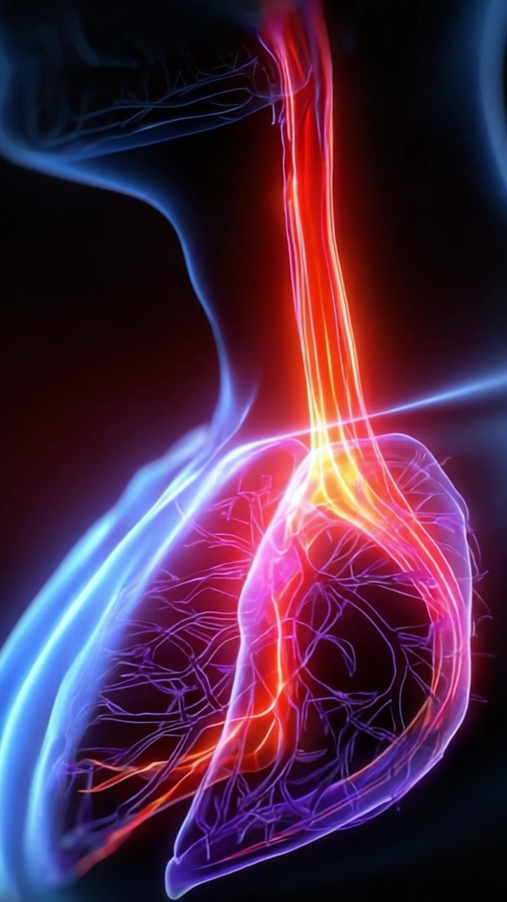 Visualizzazione anatomica del sistema respiratorio umano: una panoramica dettagliata dei polmoni e delle vie aeree con contrasto cromatico migliorato e strutture biologiche.