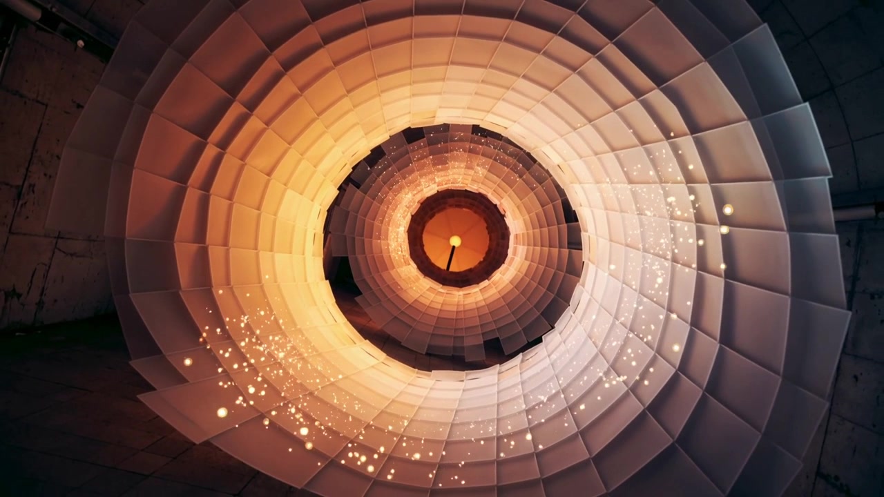 Scintille che scoppiettano in basso a destra si inarcano verso l'esterno lungo gli anelli in un silo di cemento, tracciando un arco oltre la lampada.