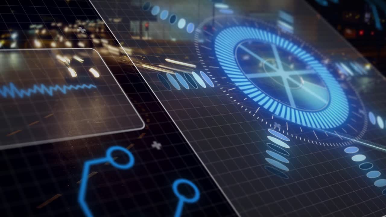 Animation of processing circle over digital screen and road traffic