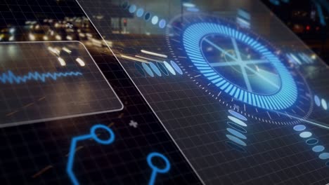 animación del círculo de procesamiento sobre pantalla digital y tráfico por carretera