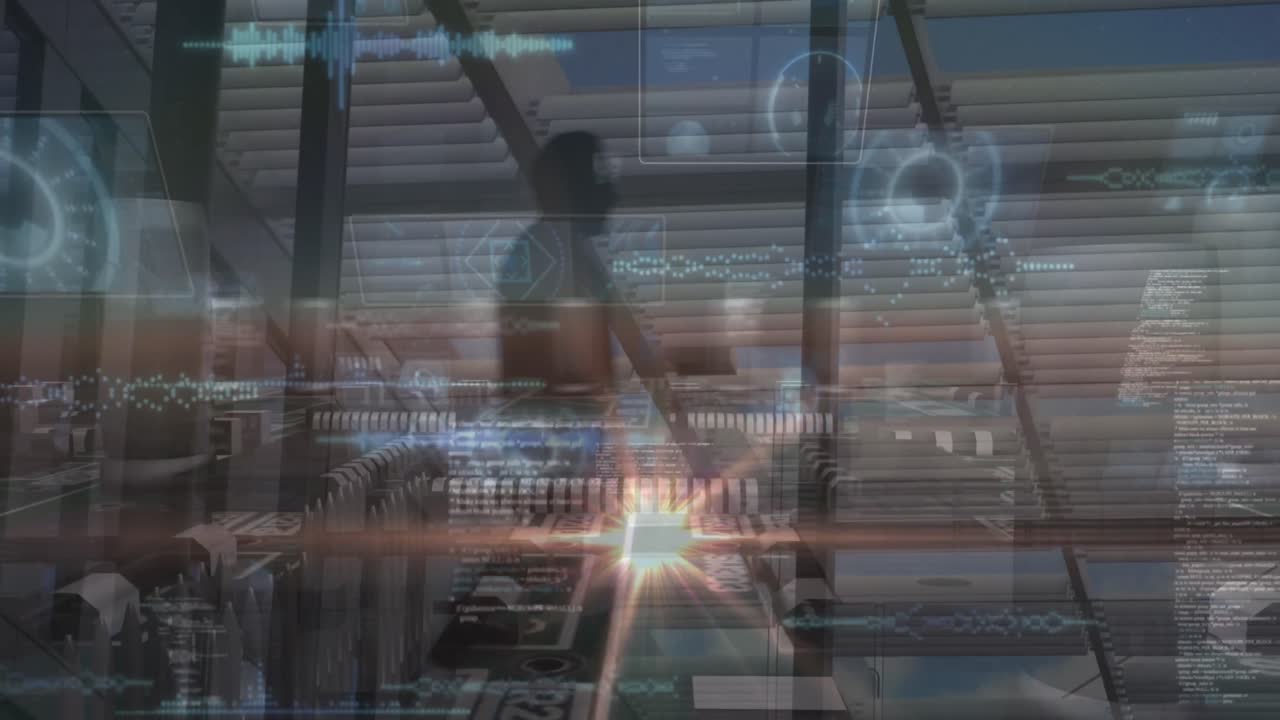 Animation of data processing over business people walking in office