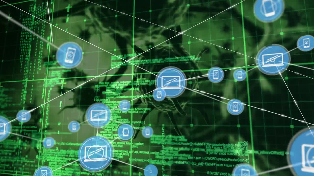 red de iconos digitales sobre red de rejilla contra múltiples células de covid-19 en fondo verde