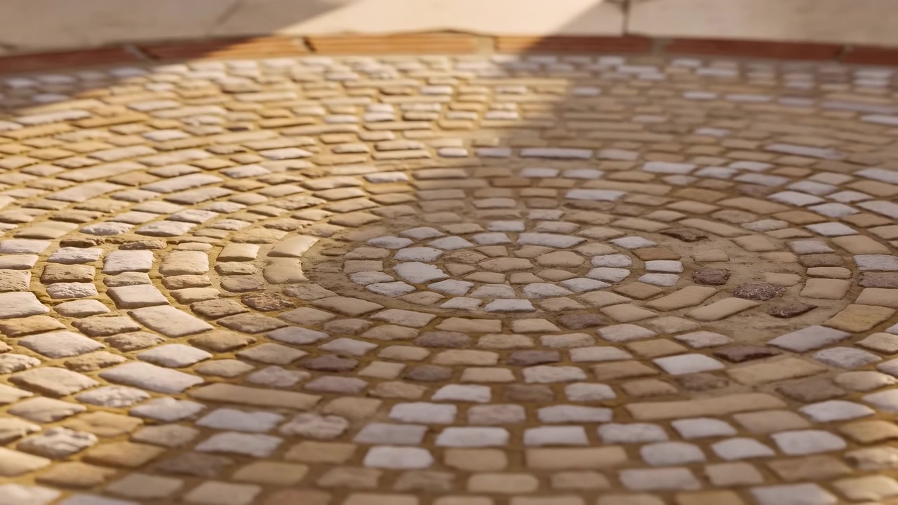 Low-angle view of a decorative stone pavement with a circular mosaic pattern, textured cobblestones, and warm sunlight creating soft shadows in an outdoor
