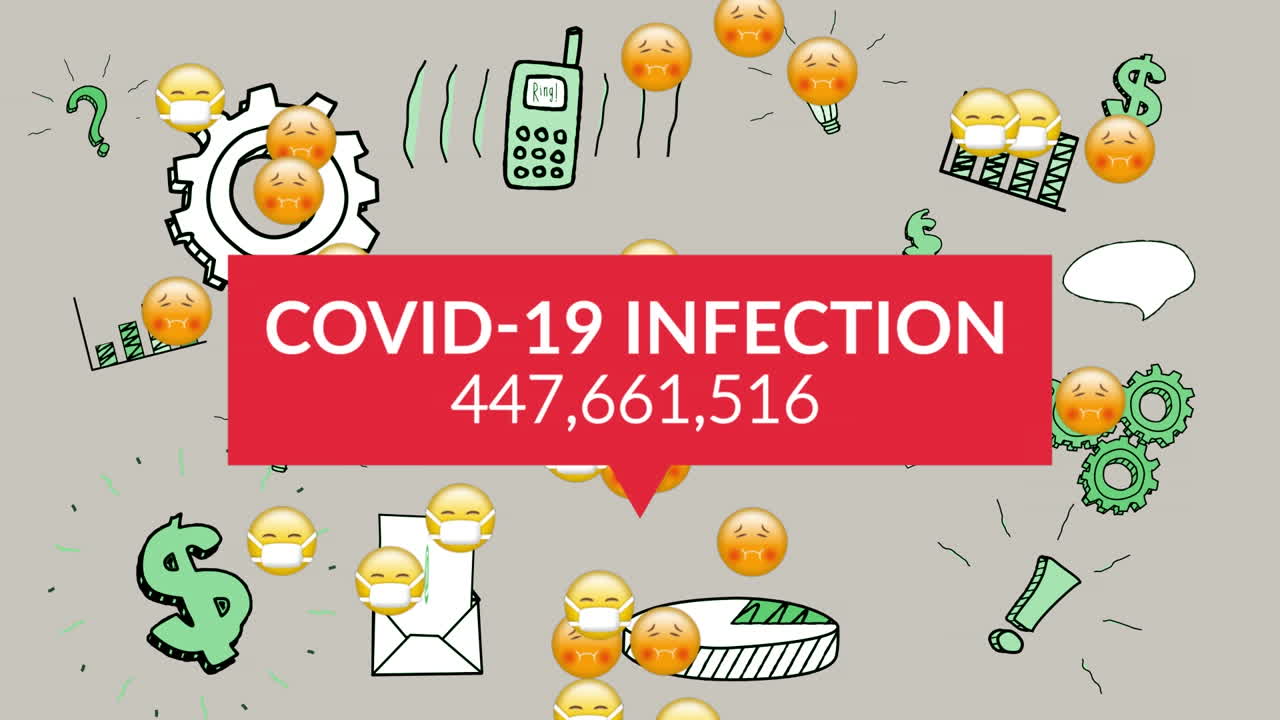 감염자 수가 증가함에 따라 얼굴 마스크에 다양한 아이콘과 이모티콘의 애니메이션