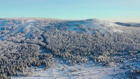 snowy mountain landscape with forest and village