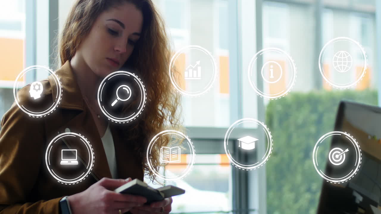 animación de múltiples iconos en círculos sobre mujer caucásica usando portátil mientras lee un libro