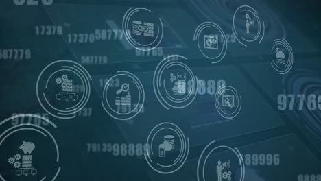 animación del procesamiento de datos e iconos en una pantalla digital