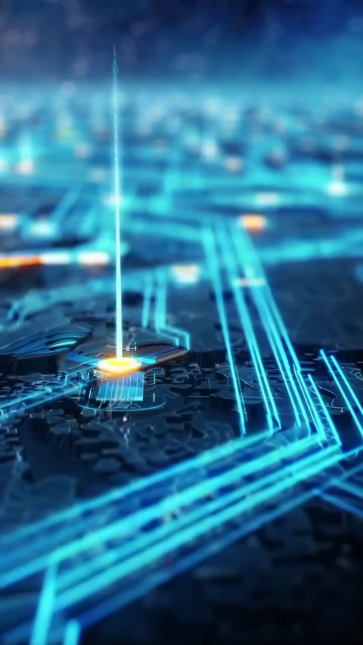 Futuristic circuit board from a low angle, glowing lines. Perfect for tech video themes. Live mobile