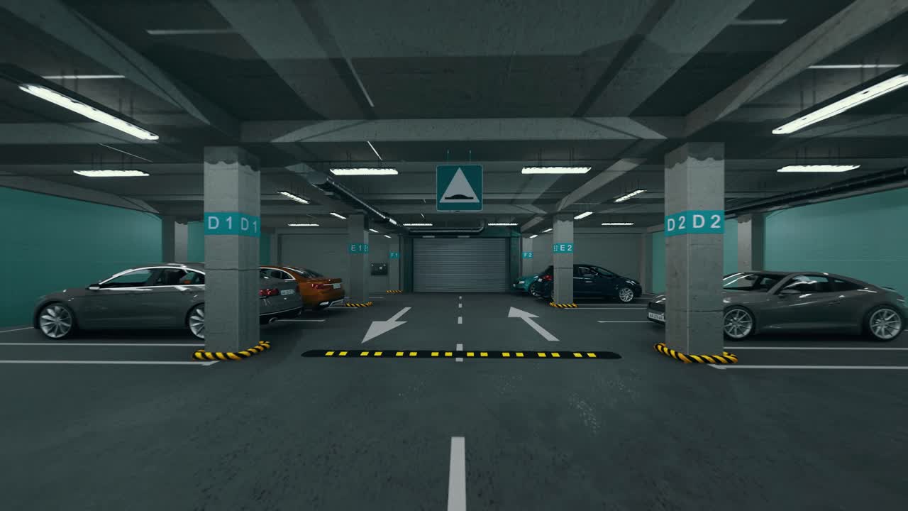 Underground parking with cars. Modern underground parking. Indoor full modern parking. Underground Parking Garage Scene