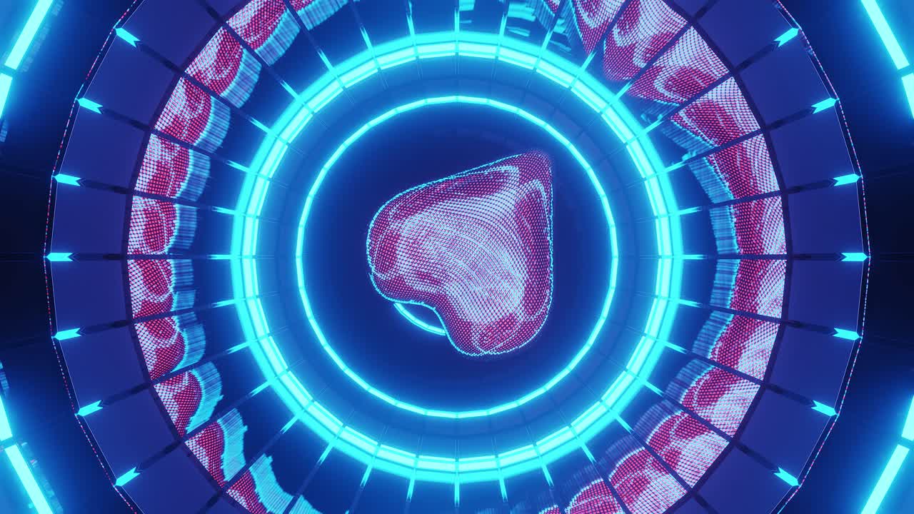 파란색 오프닝 원에서 회전하는 붉은 심장, 렌더링된 3d 그래픽 애니메이션