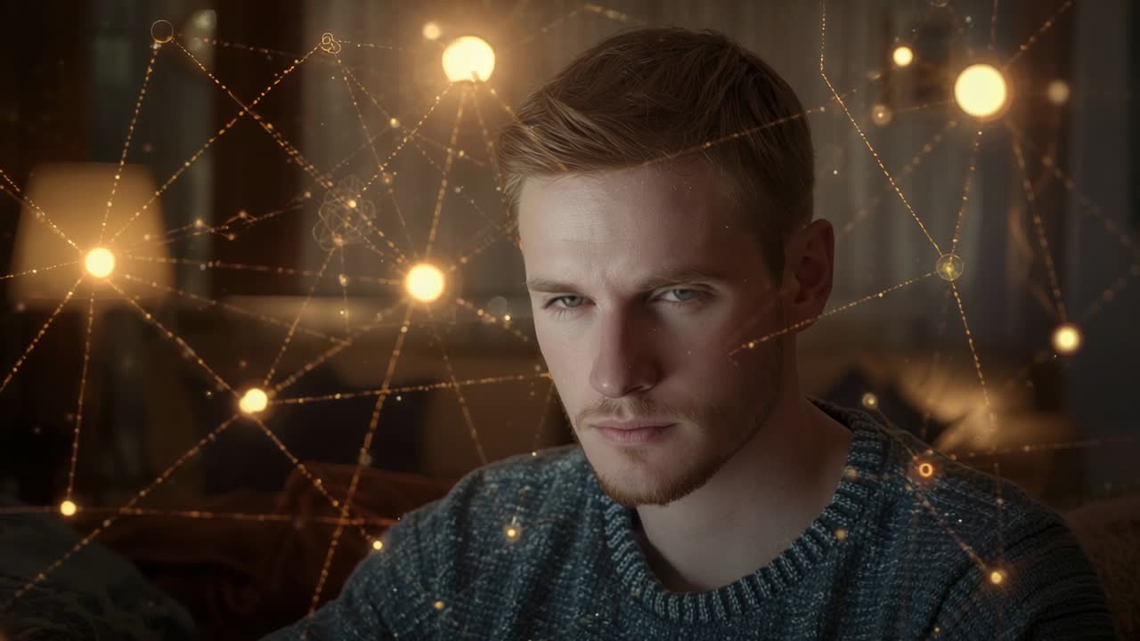 Appearing glowing network overlay causing man in sweater processing data on couch in living room