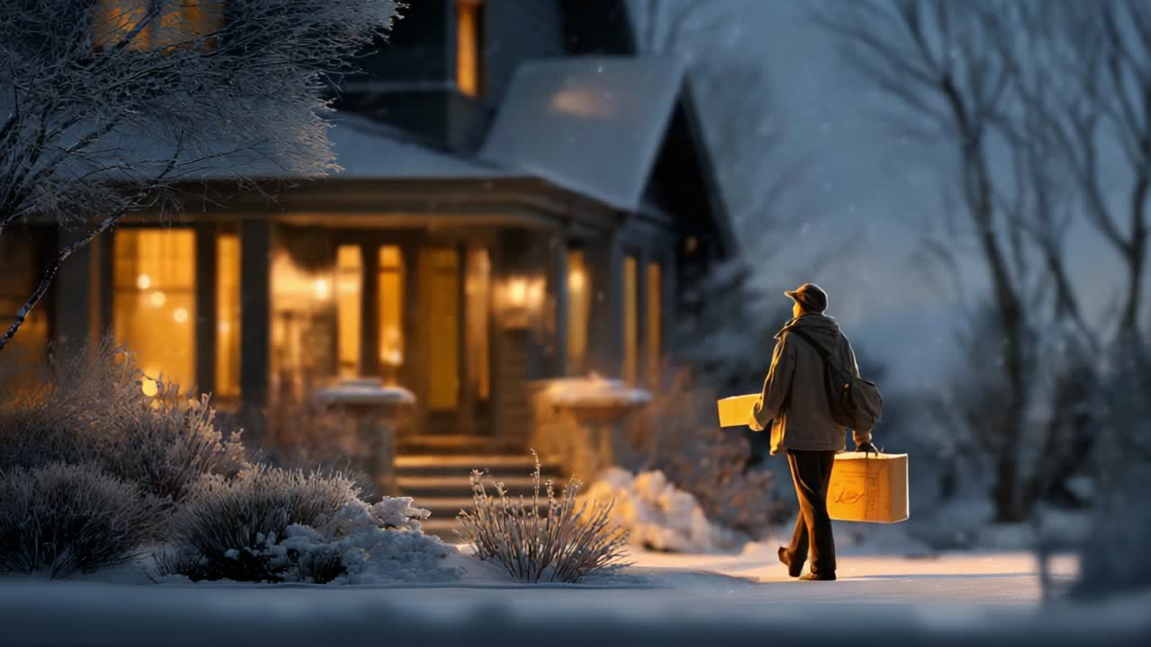 A solitary figure stands in the enchanting snowy landscape, illuminated by the warm glow of a cozy home during winter, holding packages and reflecting on the serene beauty of the holiday season