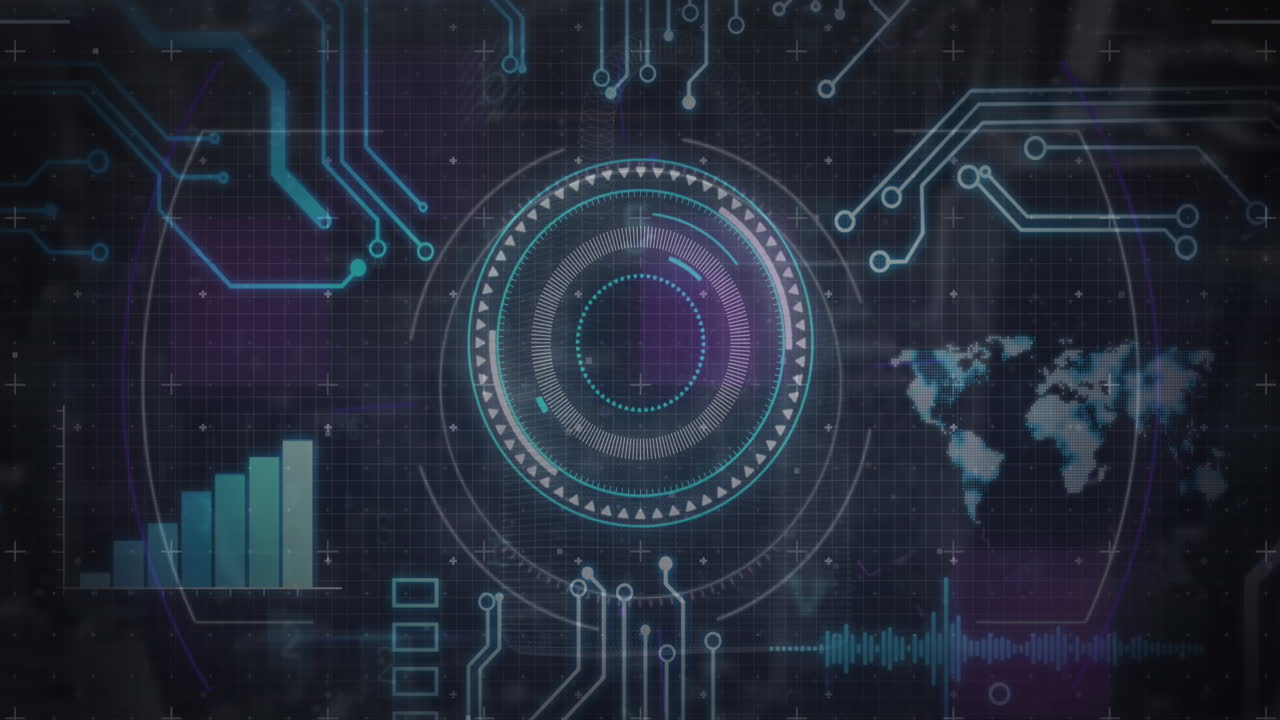 Animation of scope scanning and data processing over computer circuit board on black background