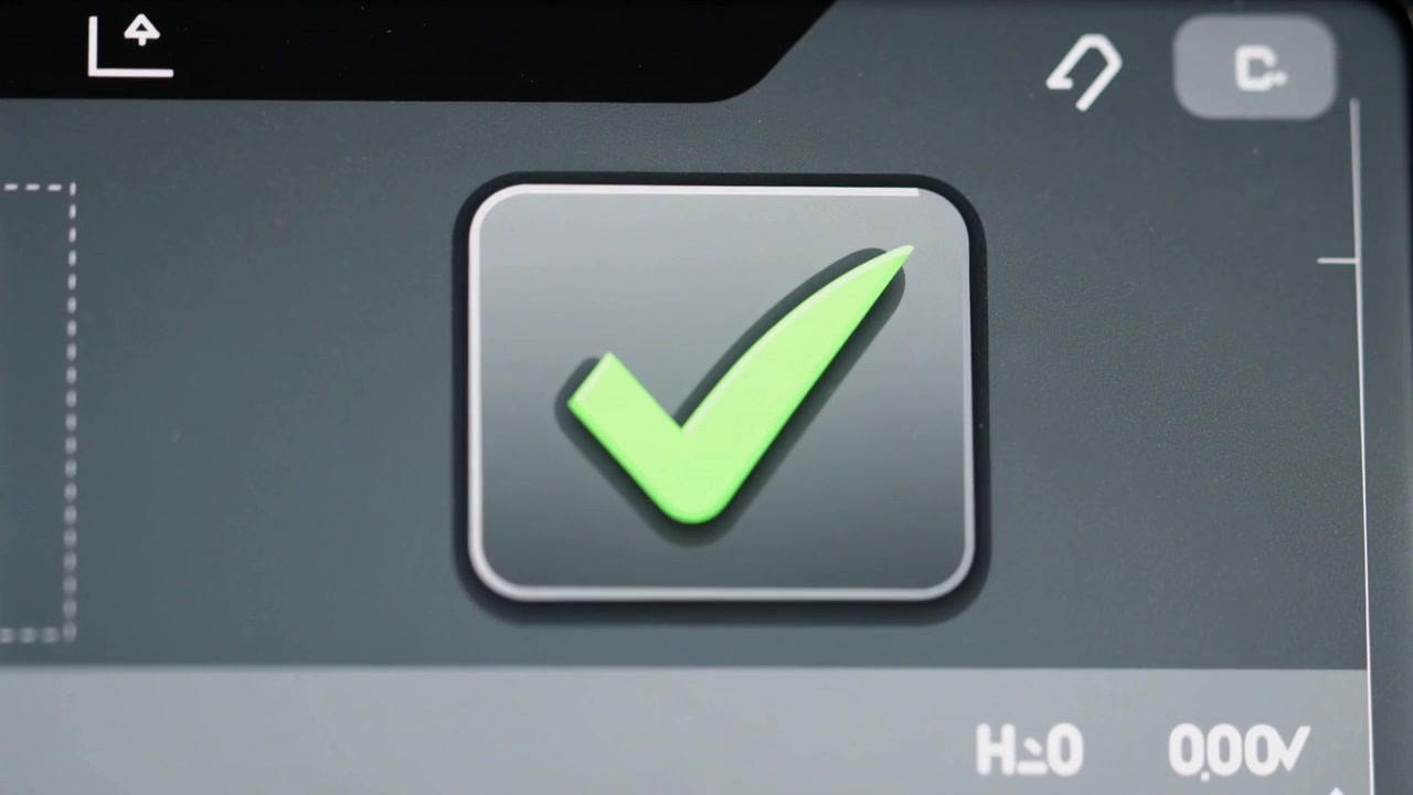 Camera capturing close-up screen, showing rounded button with green checkmark and H:0 0