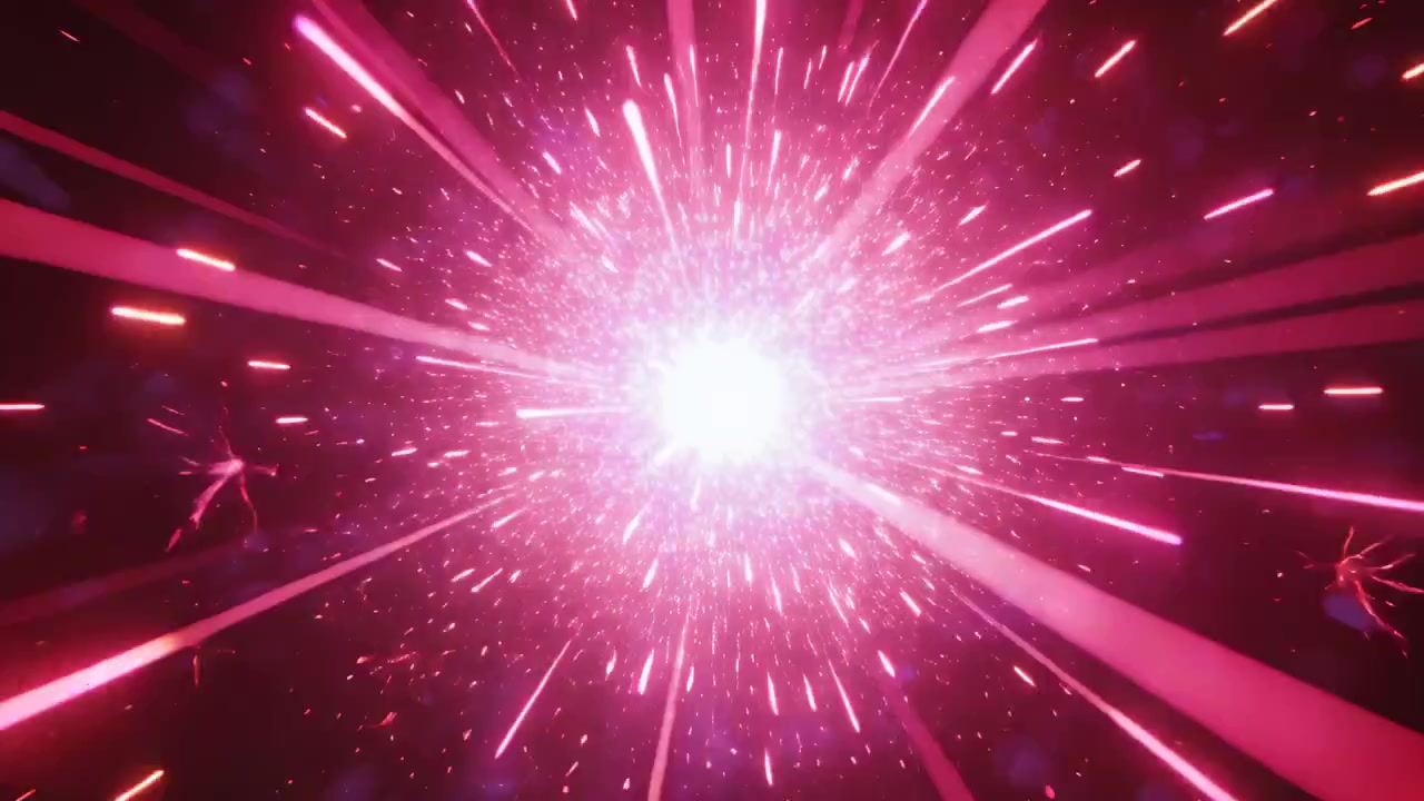 Erupting magenta core emitting radial streaks and particles across maroon void after energy surge