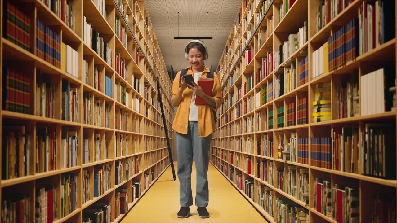 cuerpo lleno de sonriente estudiante mujer asiática con una mochila y algunos libros con auriculares y usando un teléfono inteligente mientras está de pie en la biblioteca