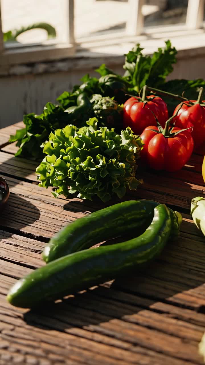 Video showcasing fresh vegetables on a rustic wooden table. Captured from a low angle