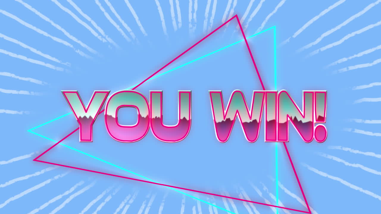 파란색 배경에 네온 삼각형으로 분홍색과 파란색으로 쓰여진 승리의 애니메이션