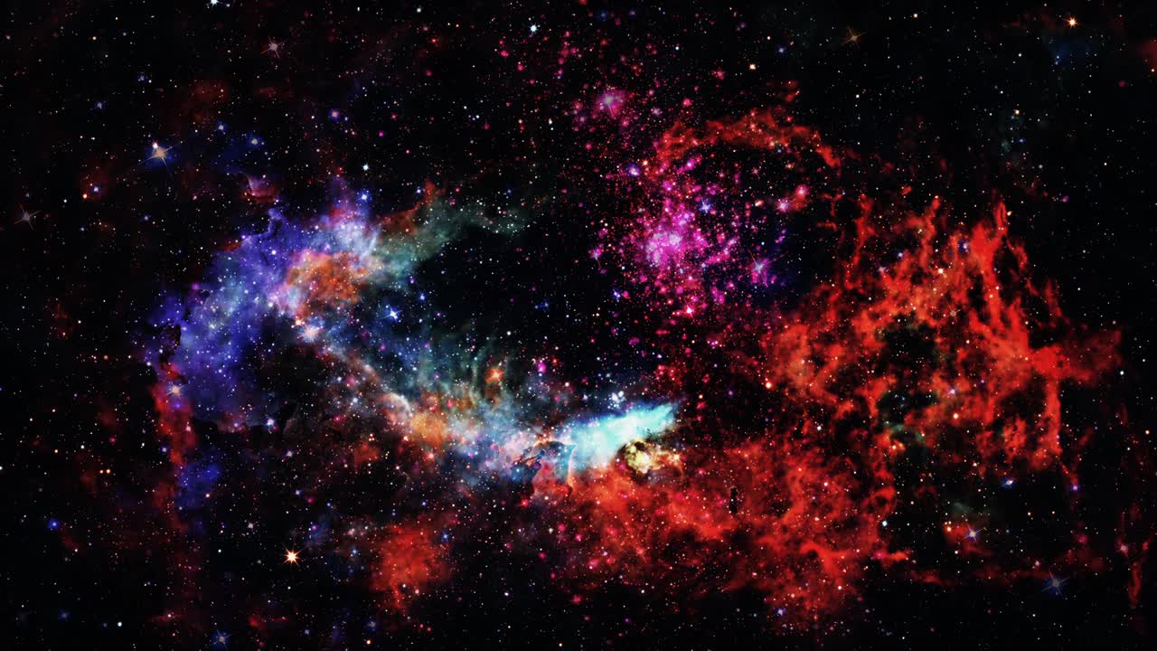 bucle sin costuras exploración espacial colorida misterio parpadeante nube de nebulosa azul roja brillante. 4k 3d render viaje de descubrimiento volando a través del campo estelar de fondo de la galaxia. vuelo espacial del universo de ciencia ficción.