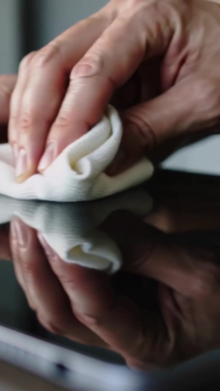 Vertical video: Placing white cloth, bare-armed hands wiping glass top near tablet to clean glass