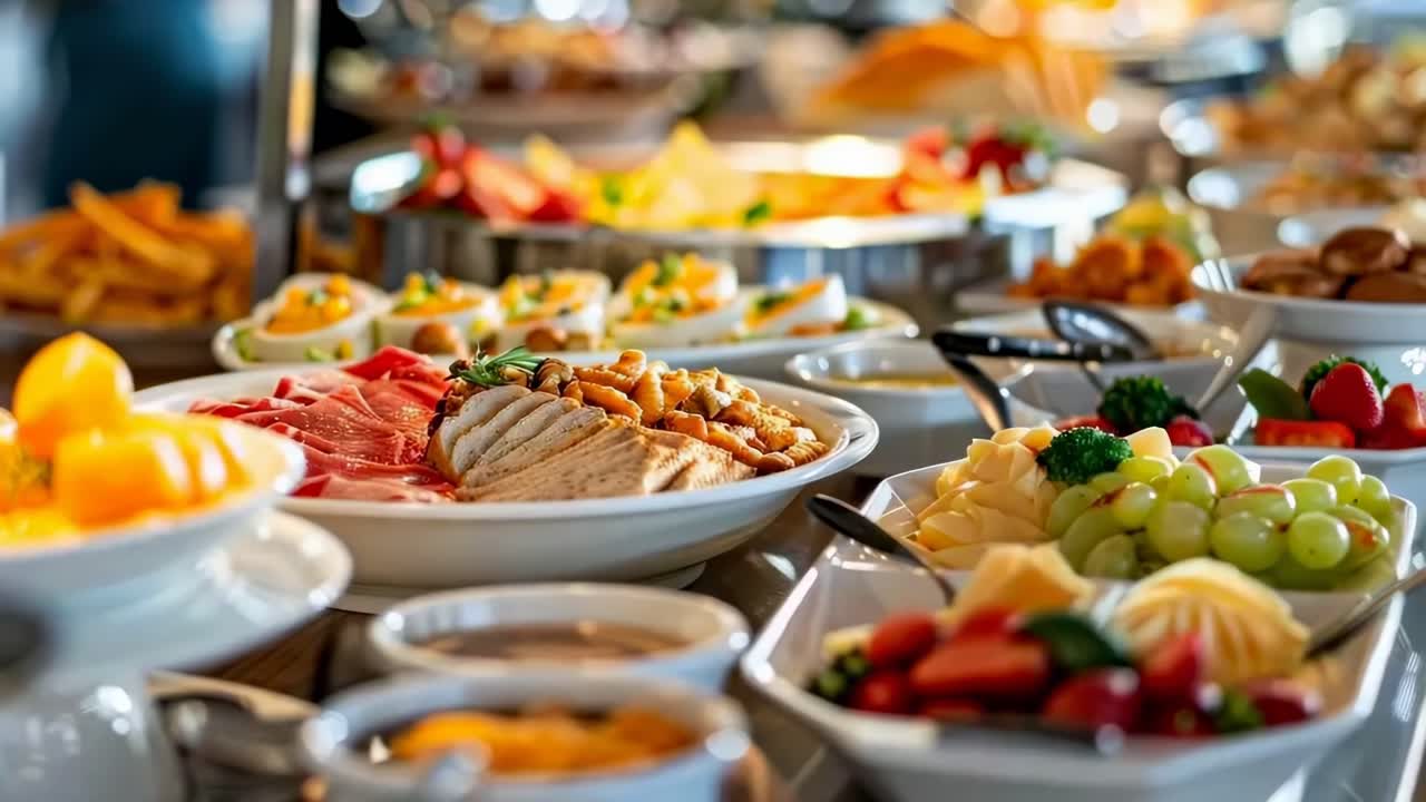 A vibrant buffet spread captured from a low-angle, showcasing colorful dishes and fresh fruits