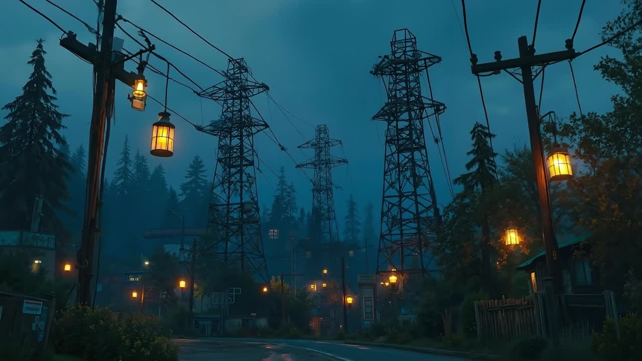 A city street at night with power lines and lanterns