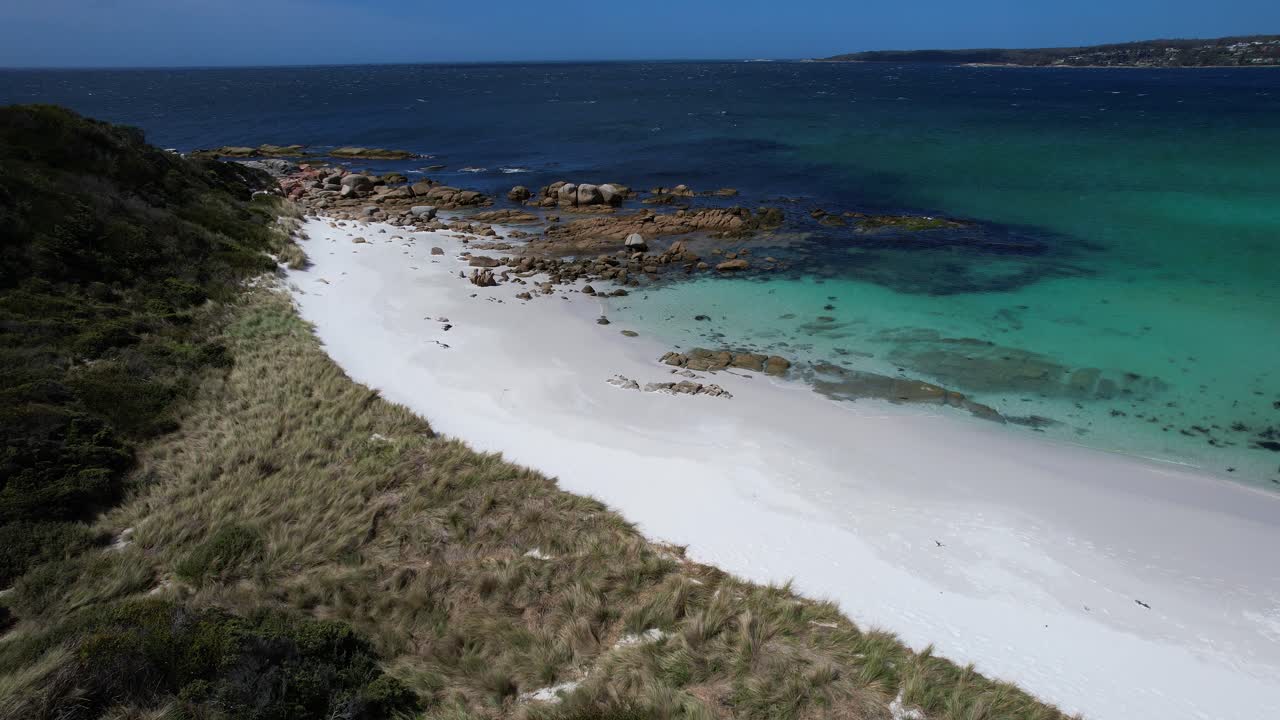 Swimcart Beach With Blue Ocean In Tasmania, Australia - Drone Shot