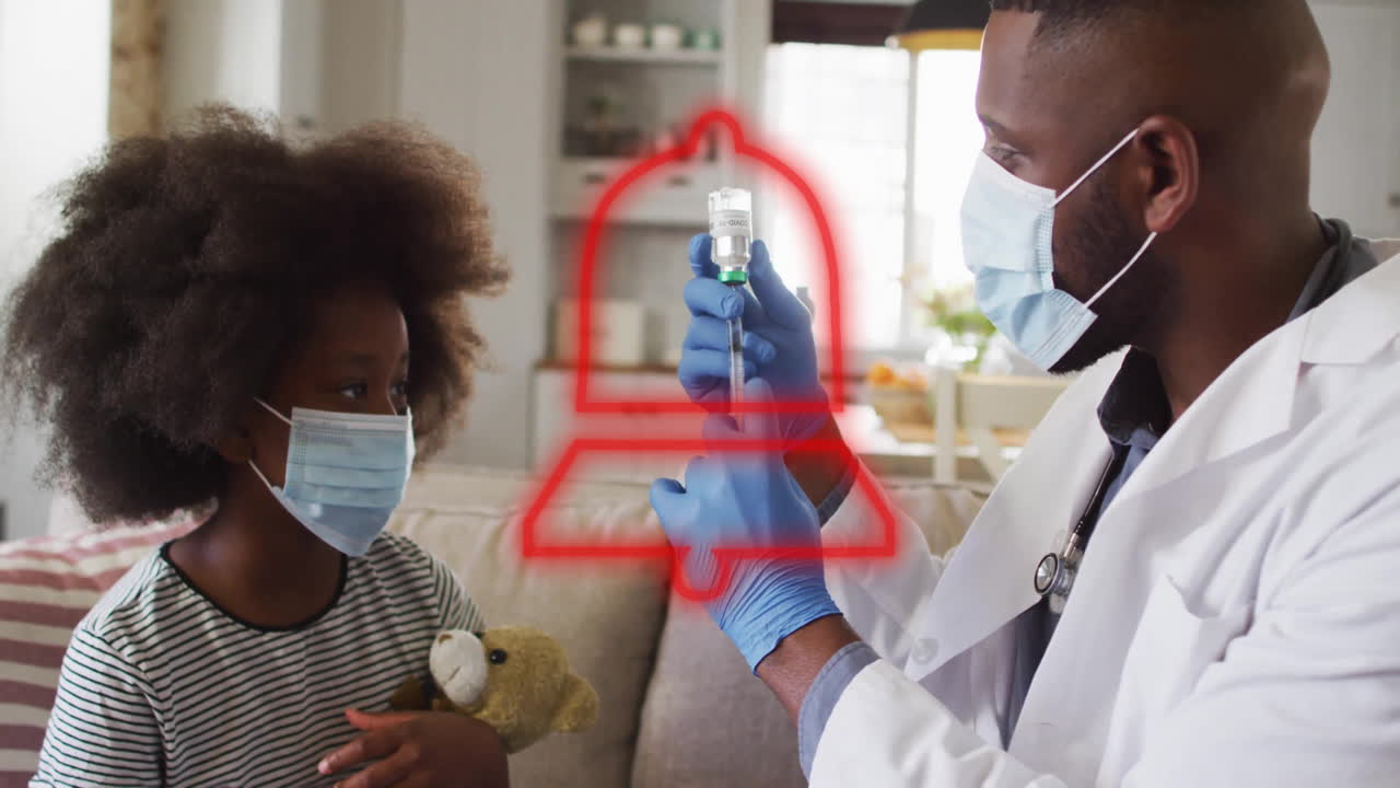 Preparing vaccine, doctor with child holding teddy bear in school, animation overlay