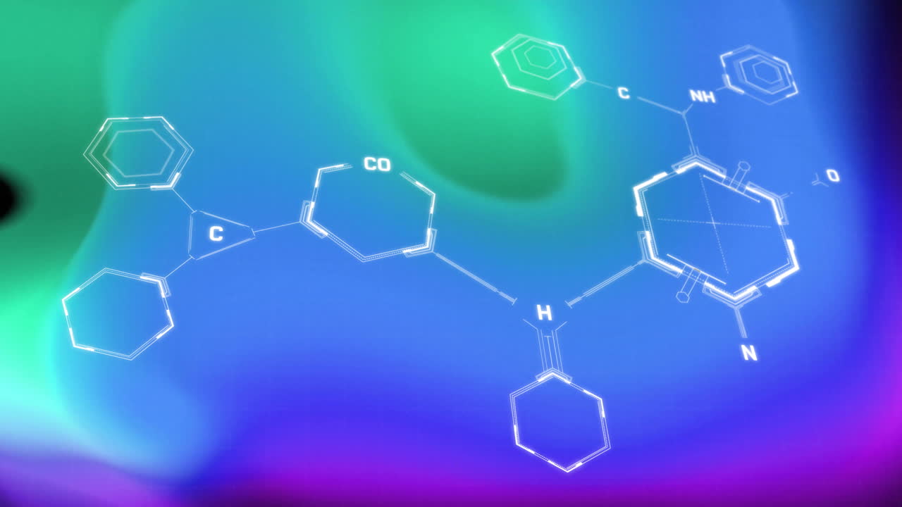 Animation of chemical formula and shapes moving on black background
