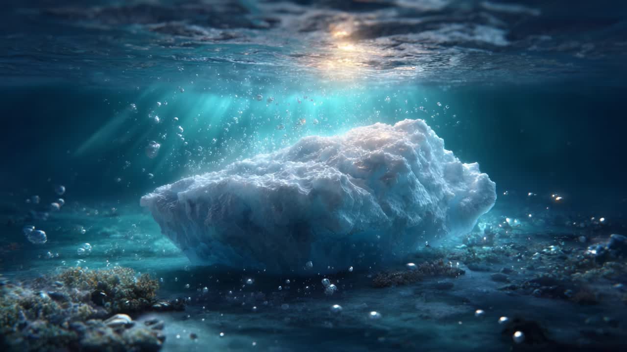 A Frosty Wonder Beneath the Waves: The Enigmatic Beauty of Ice and Water in Tranquil Ocean Depths Illuminated by Subtle Light
