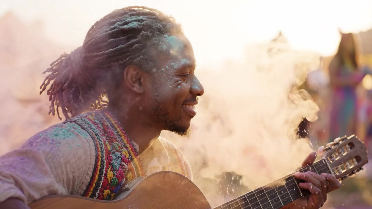 A creative musician passionately playing guitar at a vibrant outdoor festival, surrounded by colorful festivities and people enjoying the lively atmosphere of celebration.