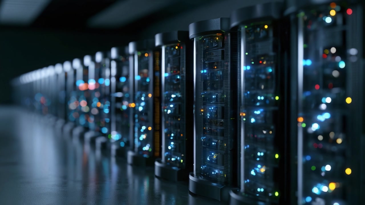 Advanced technological infrastructure showcased in a modern server room, emphasizing the intricate design and glowing components of high-performance computing hardware.