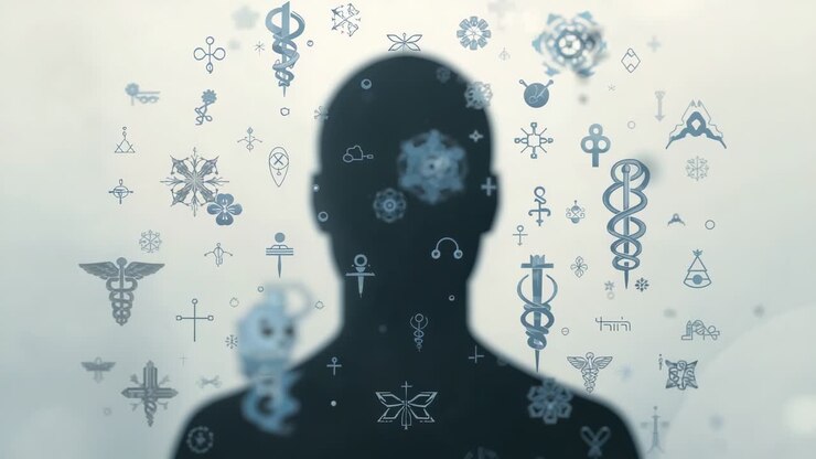 Standing dark figure standing still on soft gradient, medical glyphs drifting inward, showing data