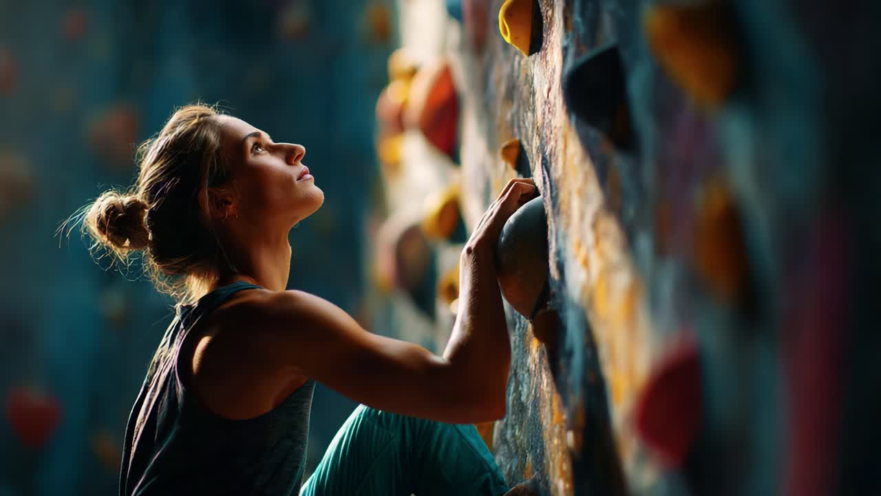 A determined climber focused on her ascent in an indoor climbing gym, showcasing strength, technique, and perseverance while navigating challenging rock wall holds