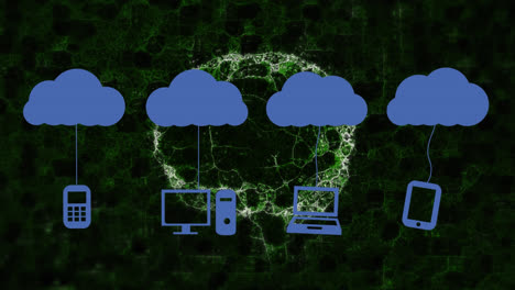 animazione di nuvole blu con icone multimediali appese sul cervello e rete di connessioni su nero