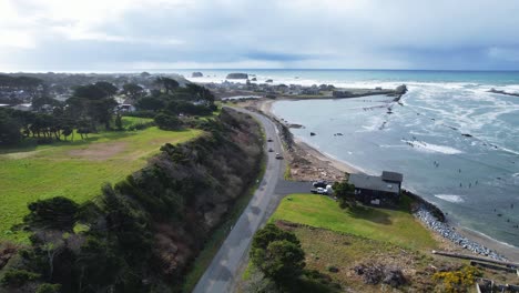 beautiful 4k aerial drone shot showcasing homes, seagulls, and sea in bandon, oregon