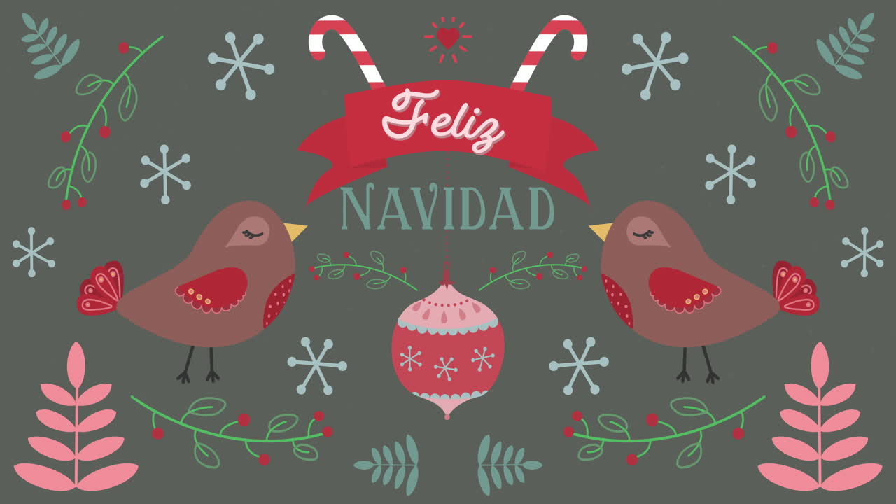 animación de feliz navidad palabras con pájaros en decoraciones de navidad fondo