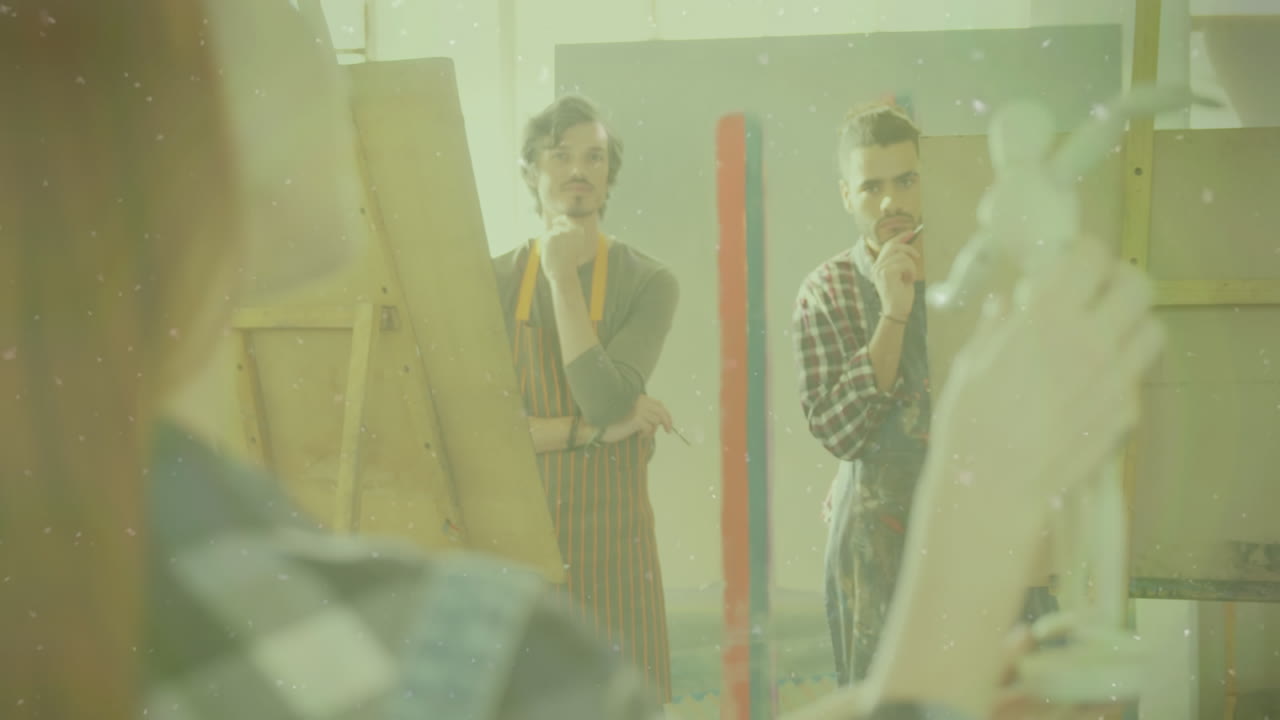 미술 수업에서 다양한 그룹의 사람들 위에 떨어지는 점의 애니메이션