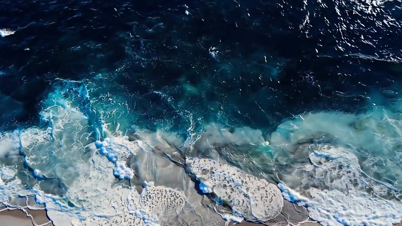 Aerial View of Turquoise Ocean Waves Washing Ashore on a Sandy Beach