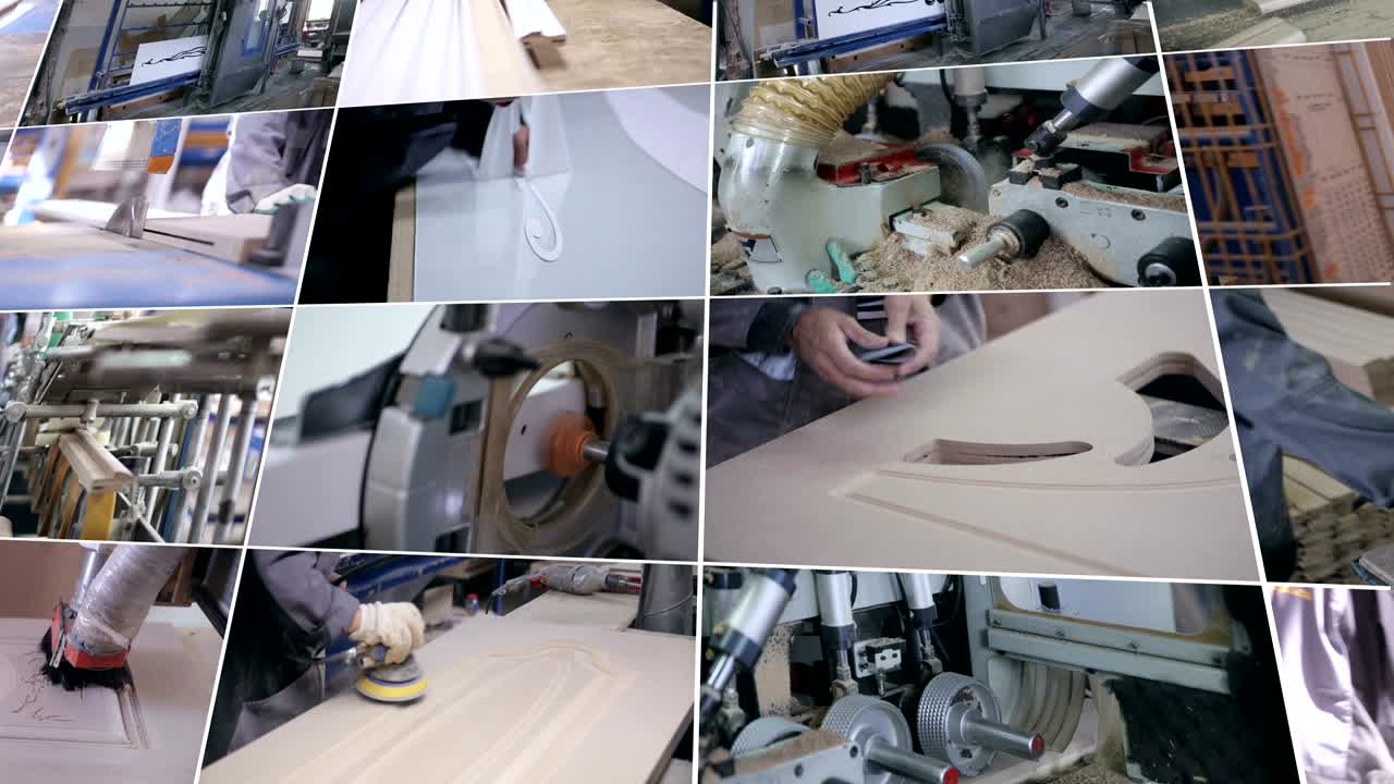 fábrica de procesamiento de madera. montaje de múltiples pantallas. 4k.