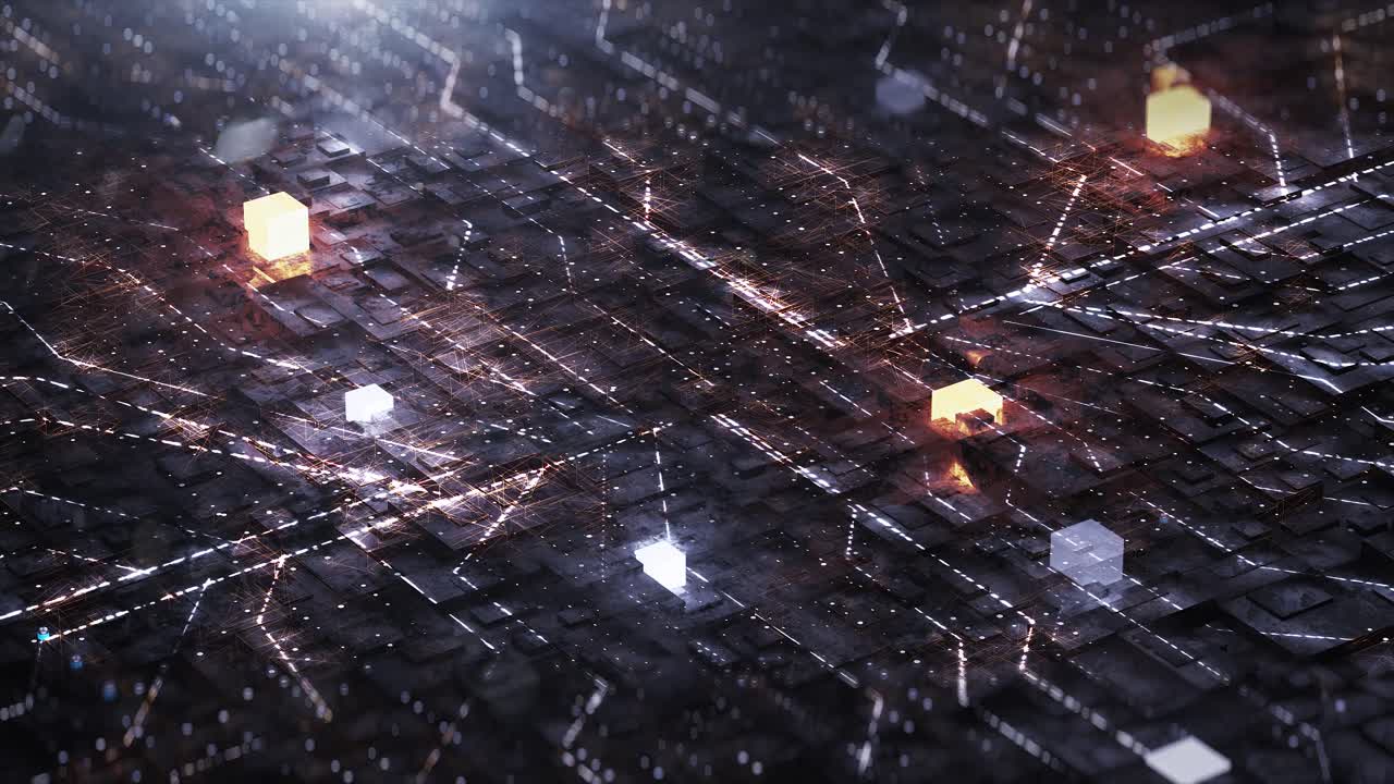 Digital background with neon circuit and cube