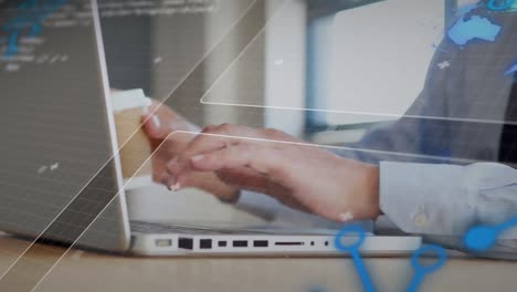 animation of globe, computer language and circuit board pattern, caucasian man working on laptop