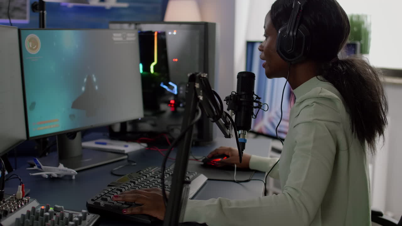 African woman streamer cyber putting on headphones