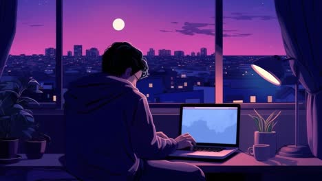 Illustration of a person at a laptop, cityscape view