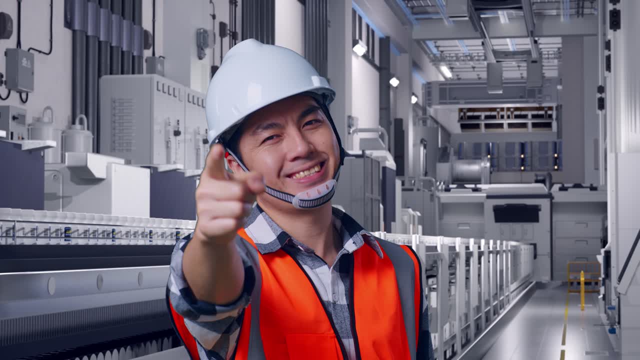 Close Up Of Asian Male Engineer With Safety Helmet Smiling And Touching His Chest Then Pointing At You While Standing At Pharmaceutical Factory, Vaccine Production Facility