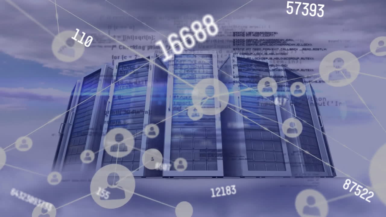 Animation of changing numbers and connected icons over data server racks against dense clouds