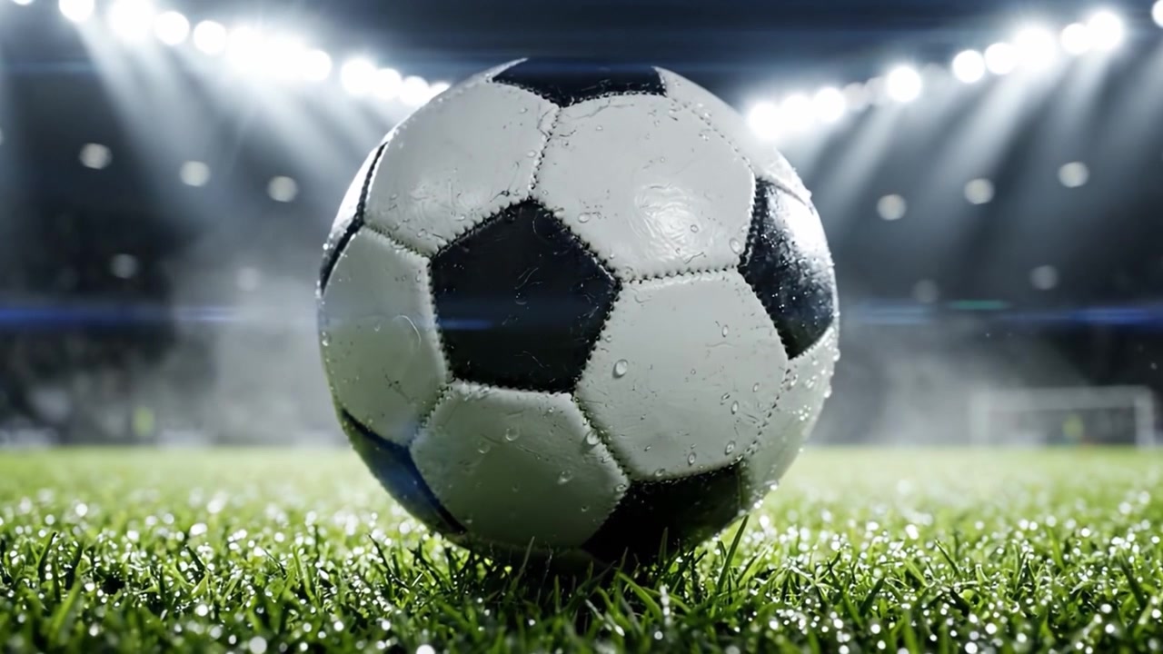 Lähikuva jalkapallosta kasteisella nurmikentällä, valaistuna kirkkailla stadionin valoilla, korostaen pelin jännitystä ja energiaa