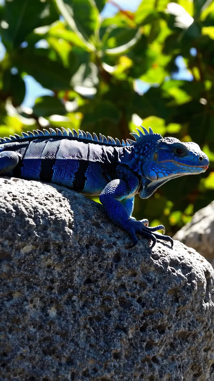 A vibrant blue iguana perched on a rock