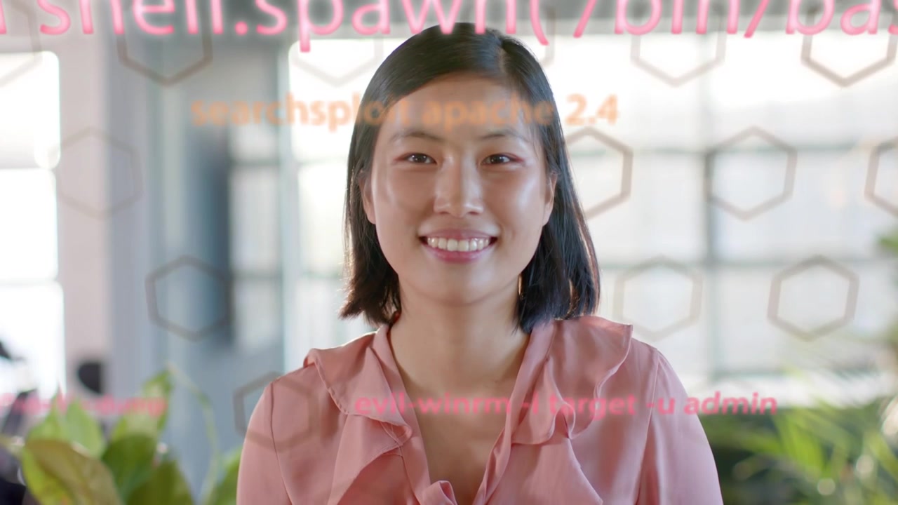 オフィスで視線を固定する女性の顔にピンクの技術的なオーバーレイが表示され、「ACCESS_GRANTED」と表示されて笑顔になる